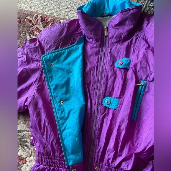 Vintage 80s One Piece Ski Snowboarding Suit Purple Turquoise Size 16 by Fera - Picture 9 of 17